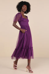 Dreamy Celebration Plum Purple Tulle Bustier Swiss Dot Midi Dres