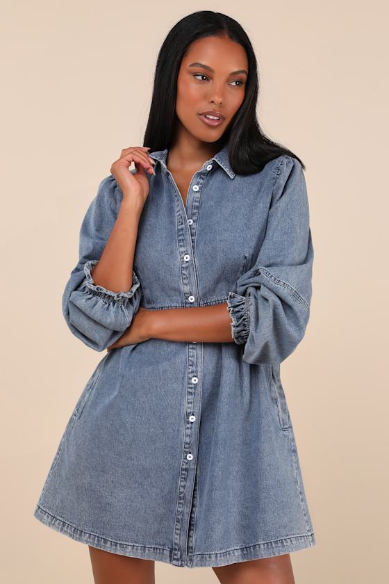 Uniquely Darling Medium Wash Denim Mini Dress With Pockets