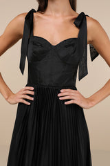 Attentive Elegance Black Tie-Strap Bustier Pleated Maxi Dress