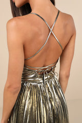 Glamorous Choice Gold Metallic Pleated Lace-Up Mini Dress