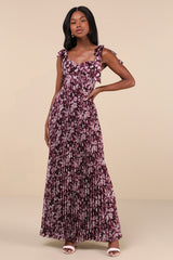 Illustrious Aura Plum Purple Floral Bustier Tie-Strap Maxi Dress