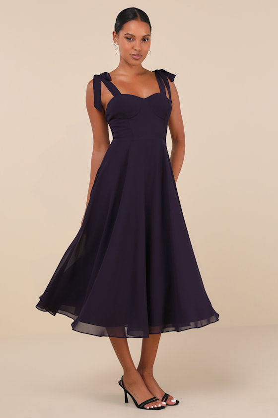 Sophisticated Charisma Purple Tie-Strap A-Line Midi Dress