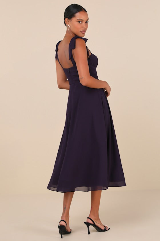 Sophisticated Charisma Purple Tie-Strap A-Line Midi Dress