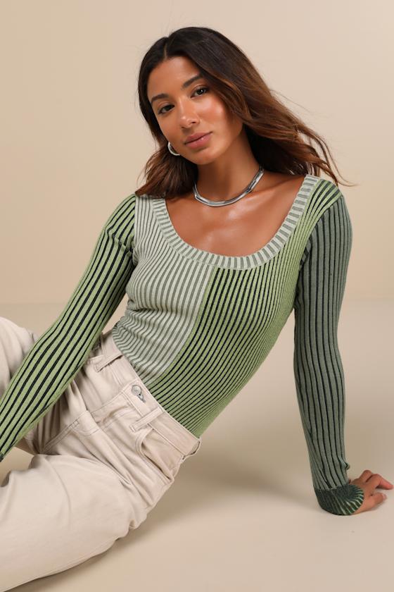 Mod Cutie Green Color Block Ribbed Long Sleeve Bodysuit