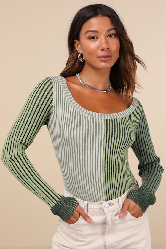 Mod Cutie Green Color Block Ribbed Long Sleeve Bodysuit