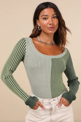 Mod Cutie Green Color Block Ribbed Long Sleeve Bodysuit