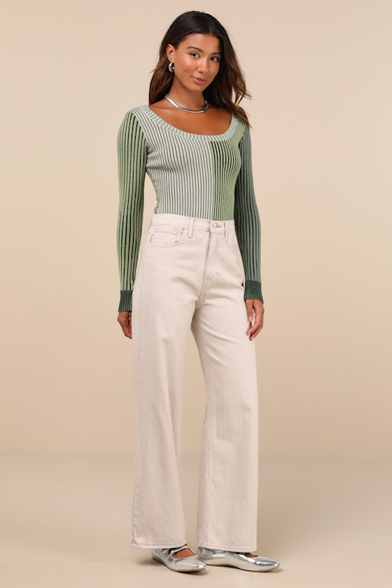 Mod Cutie Green Color Block Ribbed Long Sleeve Bodysuit