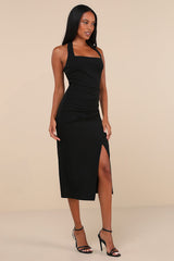 Prominent Charm Black Halter Bodycon Tulip Midi Dress