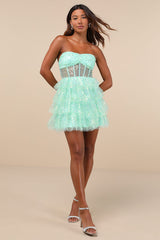 Illustrious Glow Mint Green Sheer Tulle Sequin Tiered Mini Dress