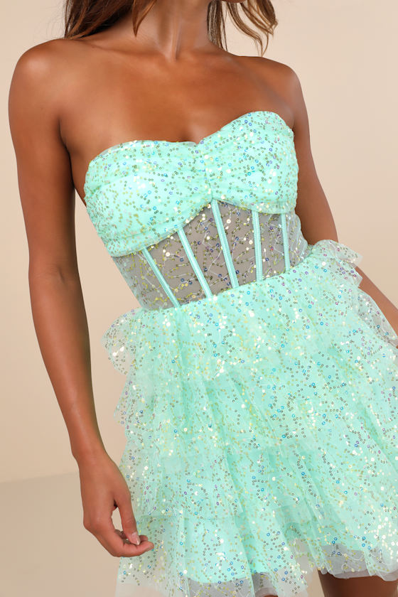 Illustrious Glow Mint Green Sheer Tulle Sequin Tiered Mini Dress