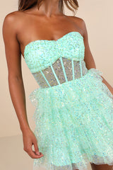 Illustrious Glow Mint Green Sheer Tulle Sequin Tiered Mini Dress