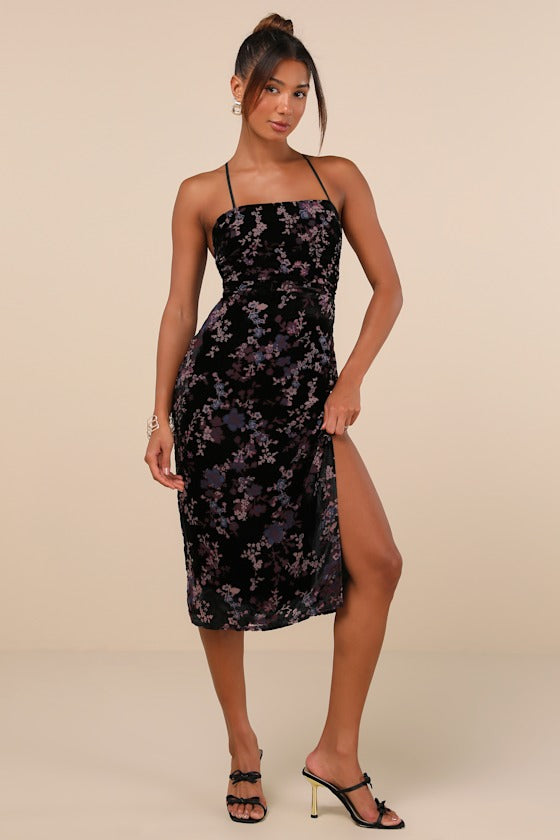 Elegant Persuasion Black Burnout Velvet Lace-Up Midi Dress