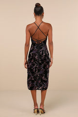 Elegant Persuasion Black Burnout Velvet Lace-Up Midi Dress