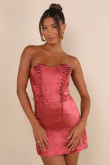 Enticing Aesthetic Rusty Rose Satin Lace-Up Strapless Mini Dress
