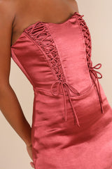 Enticing Aesthetic Rusty Rose Satin Lace-Up Strapless Mini Dress