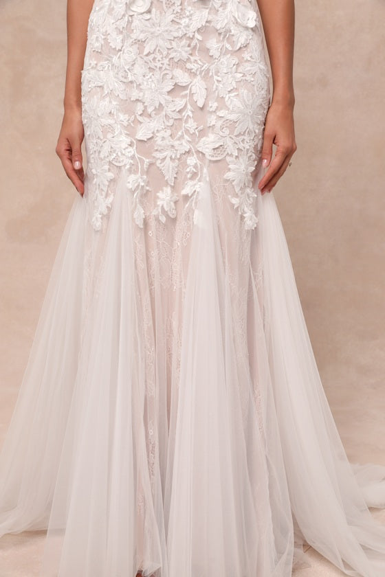 Exceptional Vow White Tulle Lace Applique Mermaid Maxi Dress