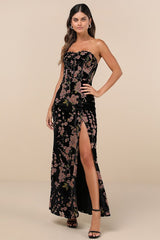Luxurious Allure Black Burnout Velvet Strapless Maxi Dress