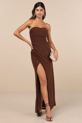 Epitome of Allure Brown Mesh Strapless Ruched Maxi Dress