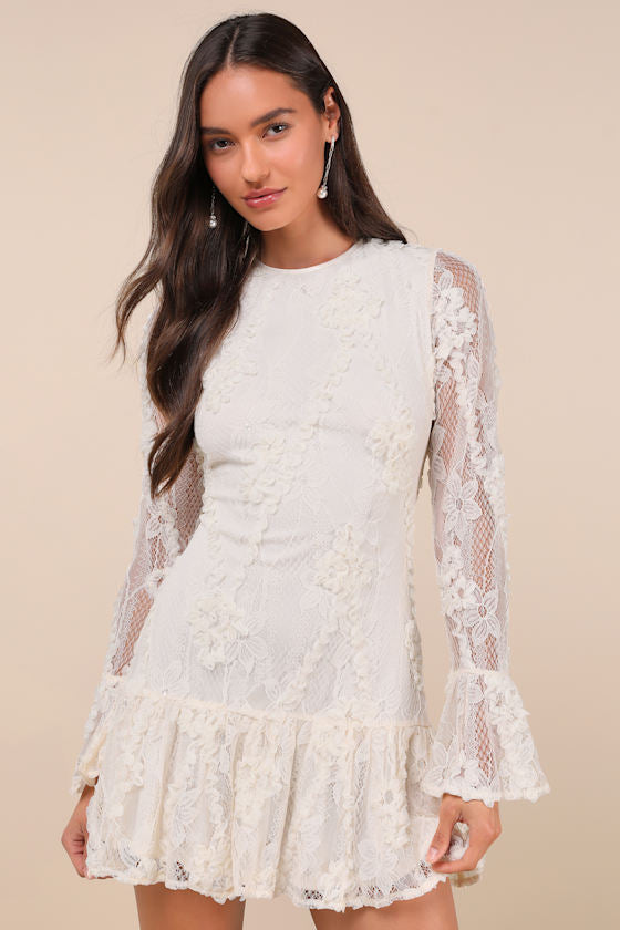 Darling Era Ivory Lace Applique Long Sleeve Ruffled Mini Dress