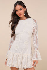 Darling Era Ivory Lace Applique Long Sleeve Ruffled Mini Dress