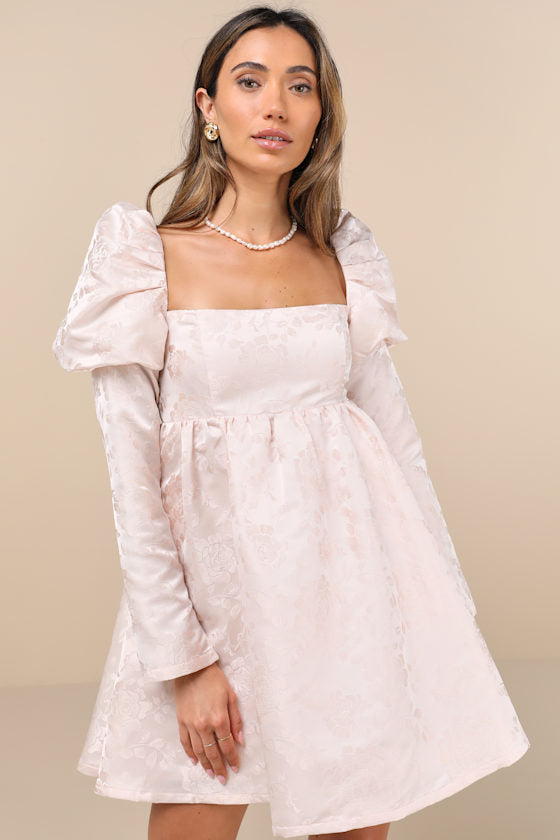 Lavish Sweetie Blush Jacquard Puff Shoulder Babydoll Mini Dress