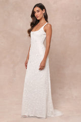 Extraordinary Glamour White 3D Floral Beaded Backless Maxi Dress