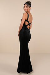 Perfectly Classy Black Velvet Strappy Maxi Dress