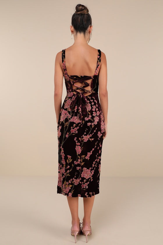 Romantic Stunner Plum Floral Burnout Velvet Lace-Up Dress