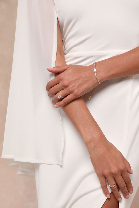 Majestic Attitude White Cape Sleeve One-Shoulder Maxi Dress
