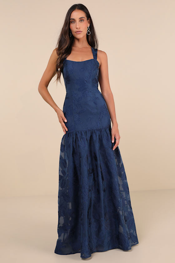 Opulent Aura Navy Floral Jacquard Tie-Back Drop Waist Maxi Dress