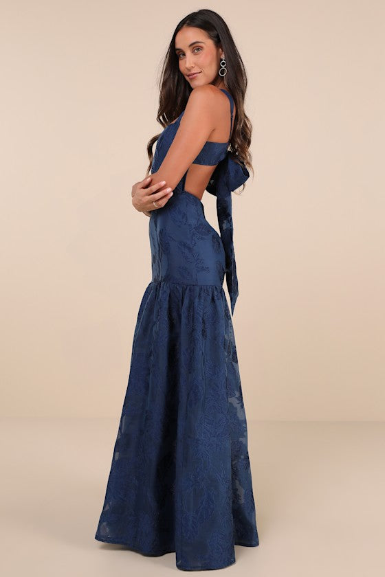 Opulent Aura Navy Floral Jacquard Tie-Back Drop Waist Maxi Dress