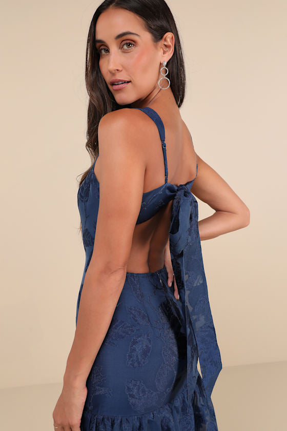 Opulent Aura Navy Floral Jacquard Tie-Back Drop Waist Maxi Dress