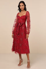 Darling Charisma Wine Red Mesh Embroidered Midi Dress