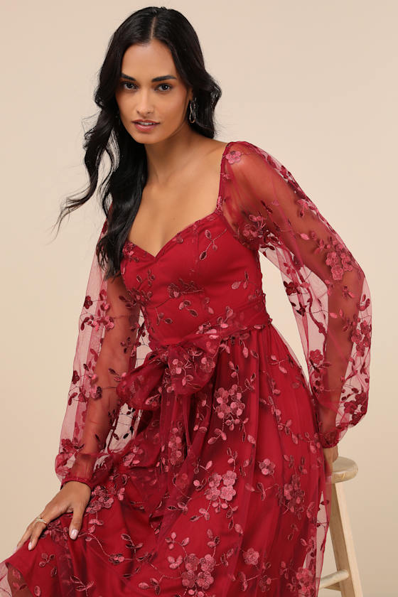 Darling Charisma Wine Red Mesh Embroidered Midi Dress