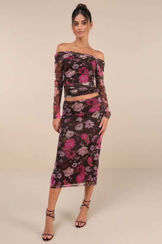 Unforgettably Sweet Brown Floral Print Mesh High-Rise Midi Skirt