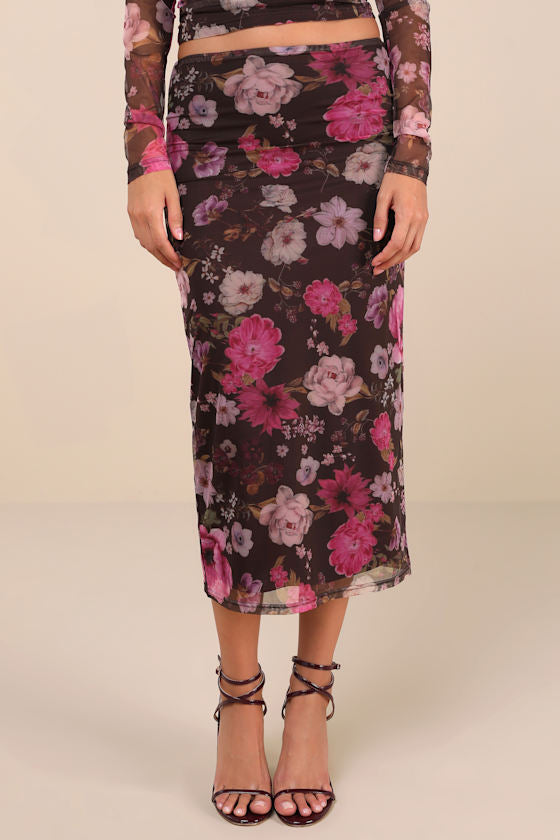 Unforgettably Sweet Brown Floral Print Mesh High-Rise Midi Skirt