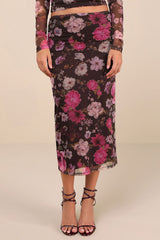 Unforgettably Sweet Brown Floral Print Mesh High-Rise Midi Skirt