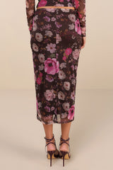 Unforgettably Sweet Brown Floral Print Mesh High-Rise Midi Skirt
