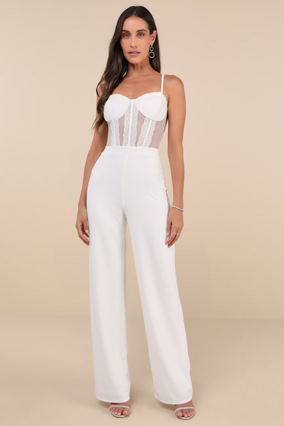 Perfectly Sultry White Sheer Mesh Bustier Wide-Leg Jumpsuit