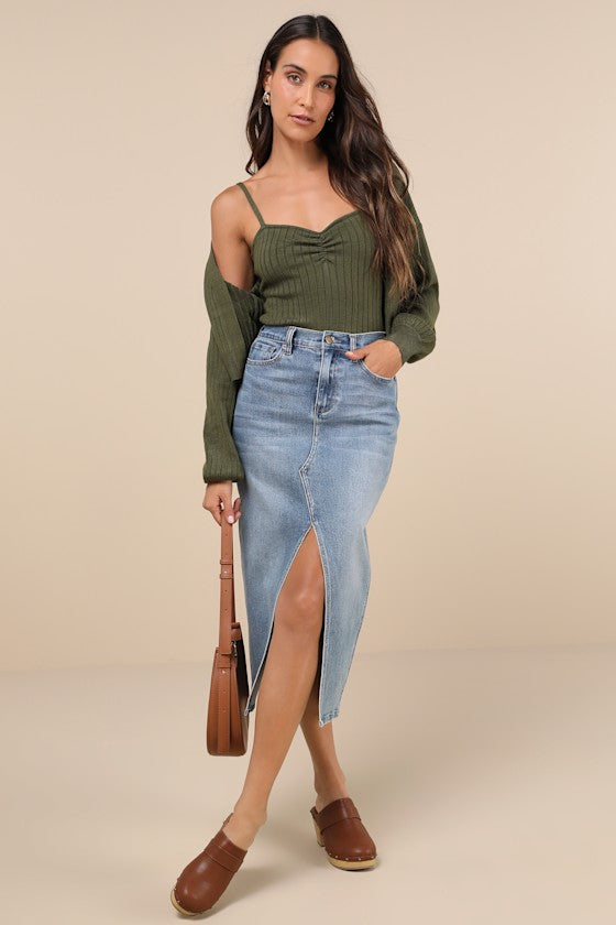 Cutest Duet Olive Green Knit Cami Top and Cardigan Sweater Set