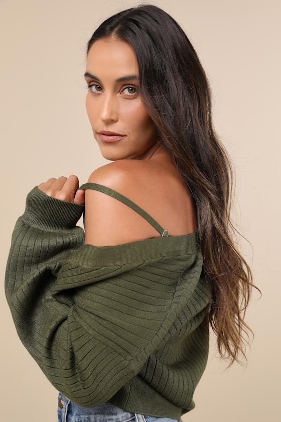 Cutest Duet Olive Green Knit Cami Top and Cardigan Sweater Set