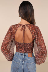 Feeling So Cute Brown Floral Mesh Balloon Sleeve Crop Top