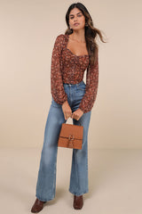 Feeling So Cute Brown Floral Mesh Balloon Sleeve Crop Top