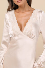 Illustrious Elegance Champagne Satin Long Sleeve Midi Dress