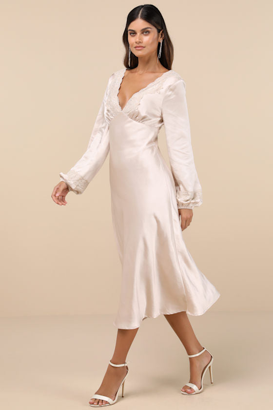 Illustrious Elegance Champagne Satin Long Sleeve Midi Dress