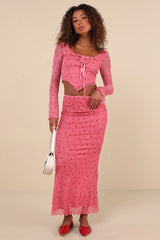 Cutest Appeal Pink Floral Mesh Bow Ruffled Long Sleeve Crop Top