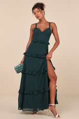 Sincerely Poised Emerald Backless Bustier Tiered Maxi Dress