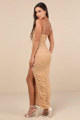Sparkling Intuition Tan Mesh Rhinestone Ruched Maxi Dress