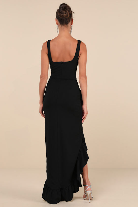 Immaculate Excellence Black Sleeveless Ruffled Tulip Maxi Dress