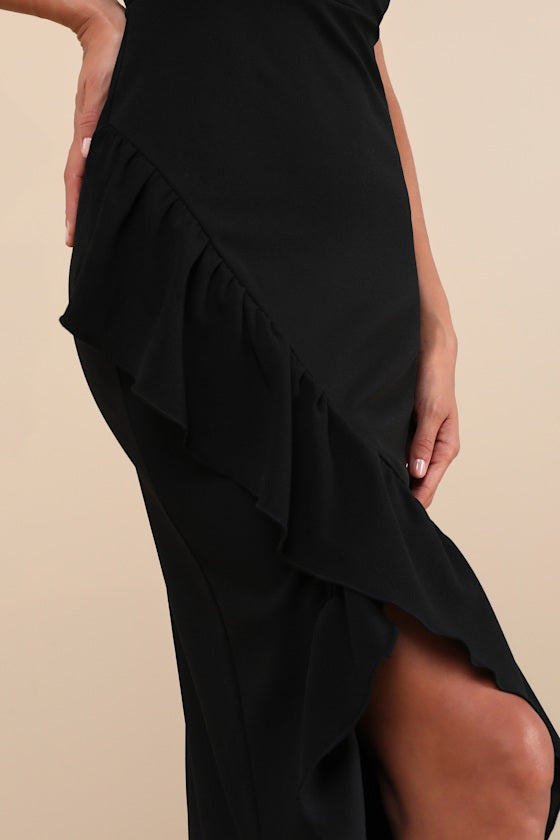 Immaculate Excellence Black Sleeveless Ruffled Tulip Maxi Dress